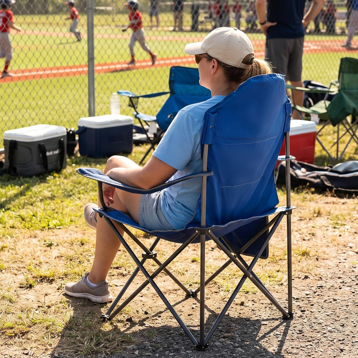 EVER ADVANCED High Back Folding Camping Chair Oversized and Fully Padded, Portable Quad Camp Lawn Chair Up to 300 lbs, with Cup Holder Armrest Carrying Bag