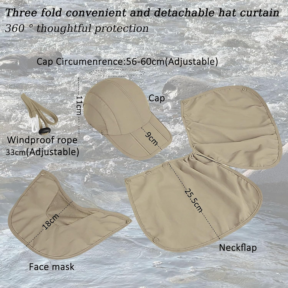 2Pack Men’s Foldable Sun Hat with Removable Face Mask & Neck Flap, UPF 50+ UV Protection, Quick-Drying Outdoor Fishing Cap