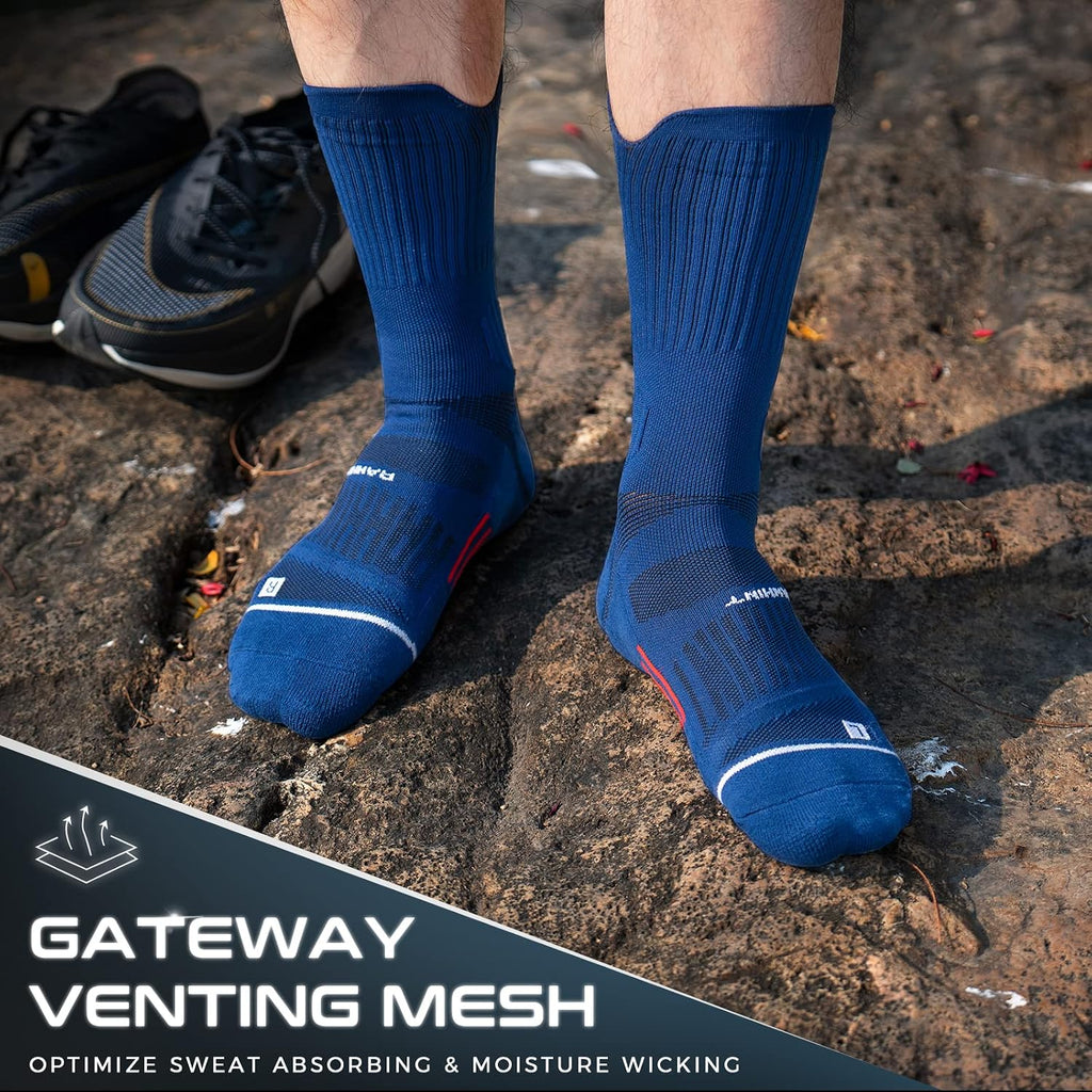 Compression Running Socks 3 Pairs, Cushion Crew Socks, Anti-Blister Moisture Wicking Athletic Hiking Basketball Socks