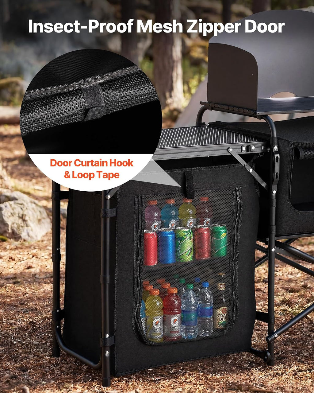 VEVOR Camping Kitchen Table, Outdoor Camp Cooking Table, Portable Cook Station with Storage Cupboard, Carrying Bag, Detachable Windscreen, Quick Set-up for BBQ Party Picnic RV Travel, Black