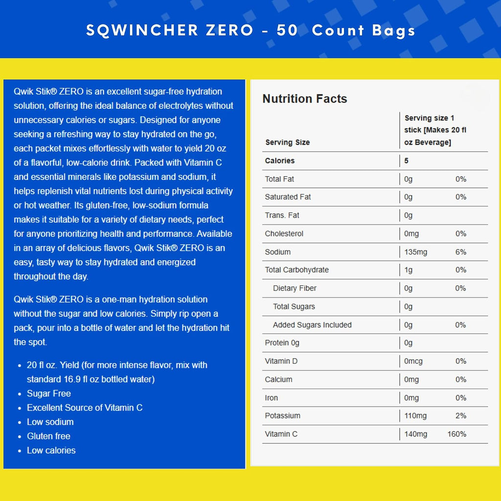 Sqwincher Zero Qwik Stik - Single Serve, Sugar Free, Low Calorie, Low Sodium Electrolyte Replacement Powder Hydration Drink Mix, .11 0z Packet (Pack of 500) Assorted Flavors
