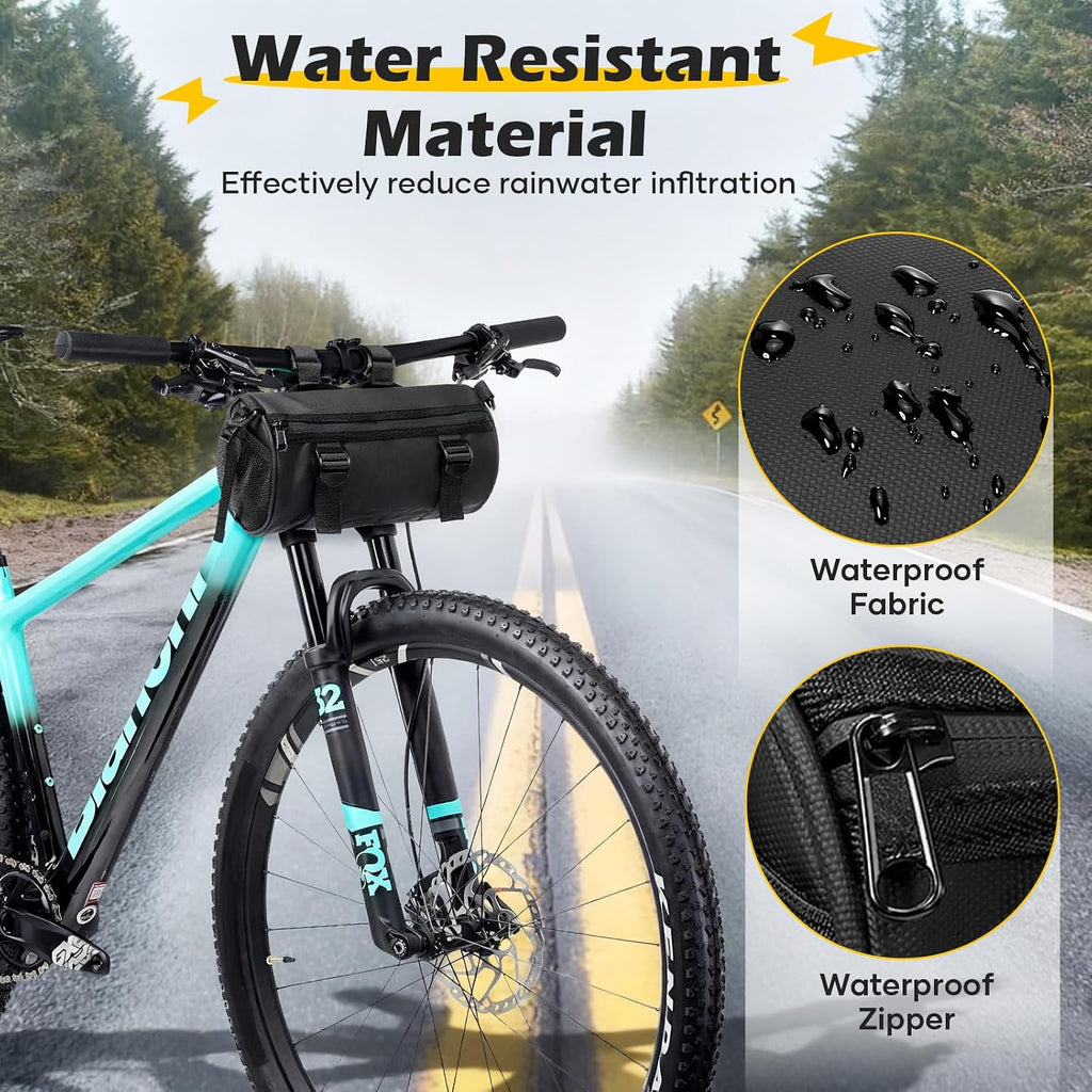 SEAFEW 4L Black Bike Handlebar Bag, Waterproof Bicycle Accessories, Bike Frame Front Pouch with Zipper and Shoulder Strap, Small Mountain Road Bike Barrel Bag