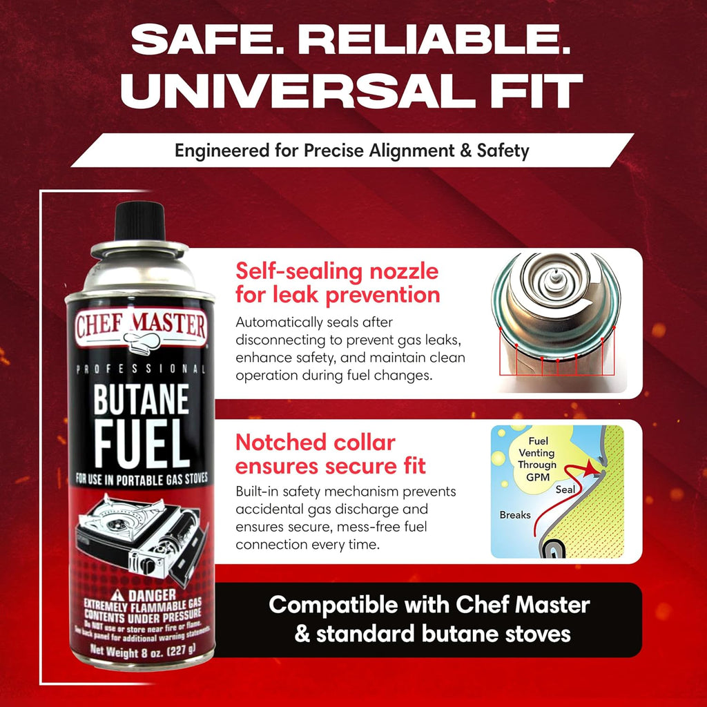Chef Master Butane Fuel Canister, Camp Stove & Torch Refill, 8 oz, 24-Pack
