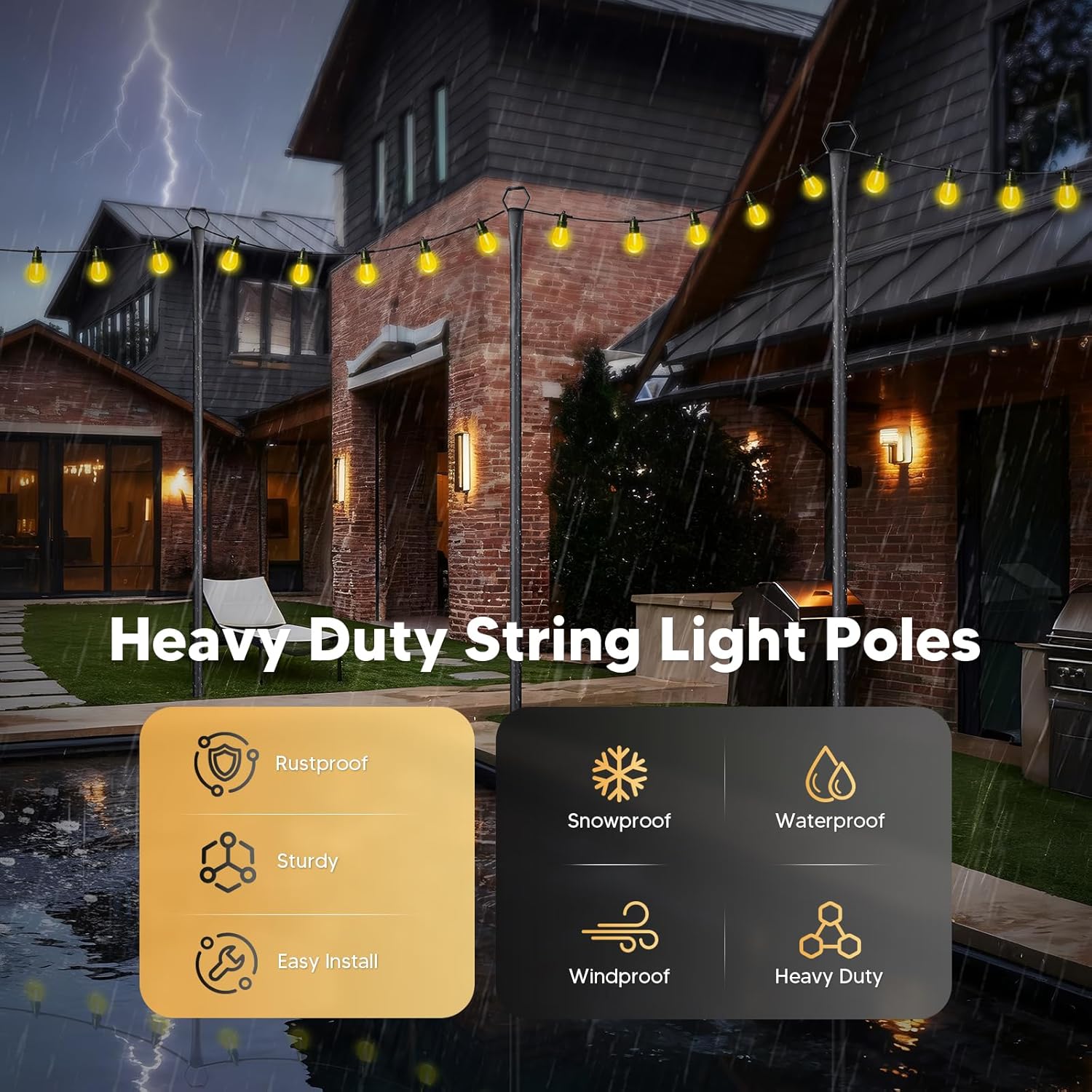 4 Pack String Light Poles for Outside, 10Ft Light Poles for Outdoor String Lights, Adjustable Outdoor String Light Poles with Fork,Metal Fence Post for Patio,Backyard,Deck