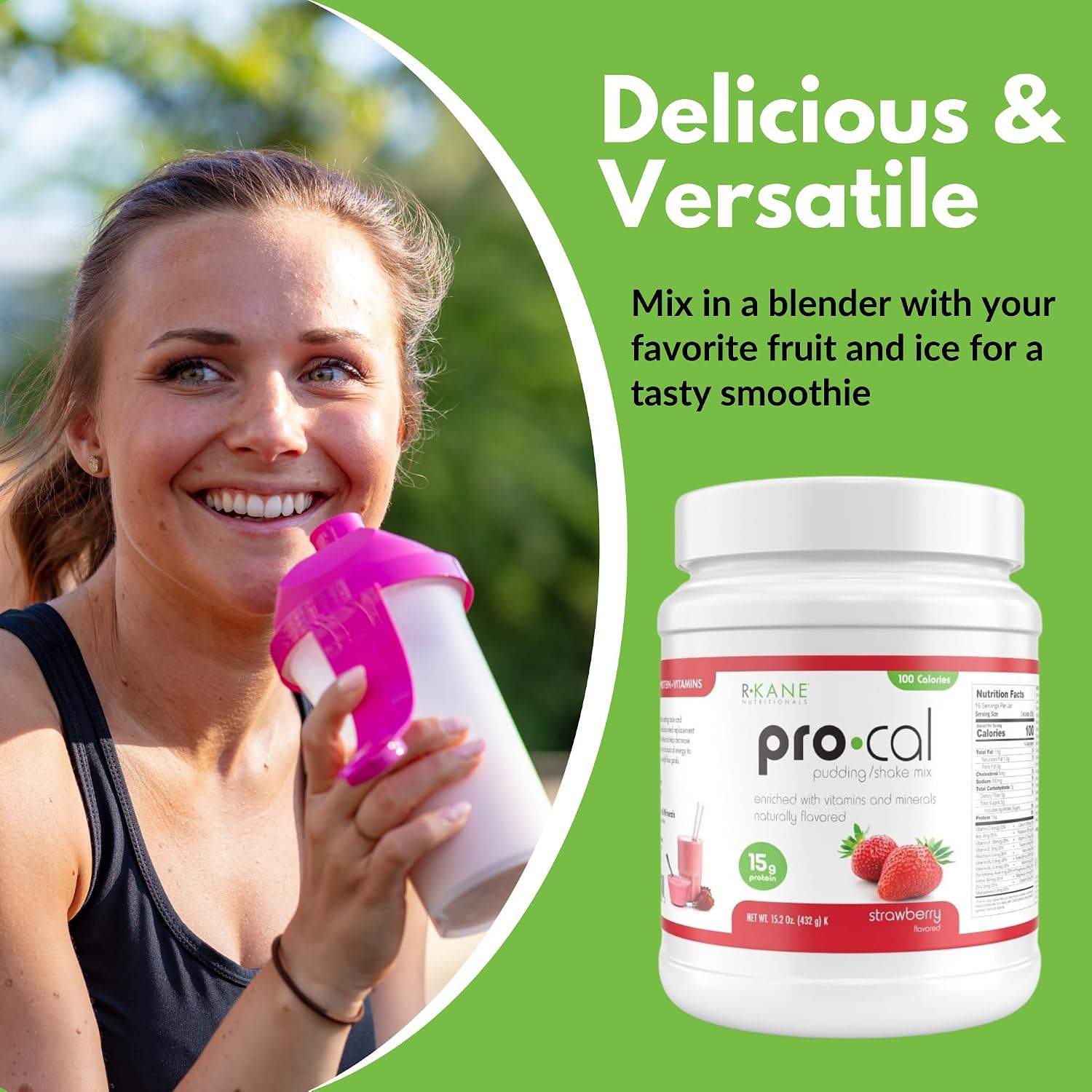 Pro-Cal Strawberry Meal Replacement Powder - High Protein, Low Calorie Shake & Pudding Mix - Low-Carb, Gluten Free - Breakfast Boost - Delicious & Easy to Prepare - 16 Servings, 15.2oz