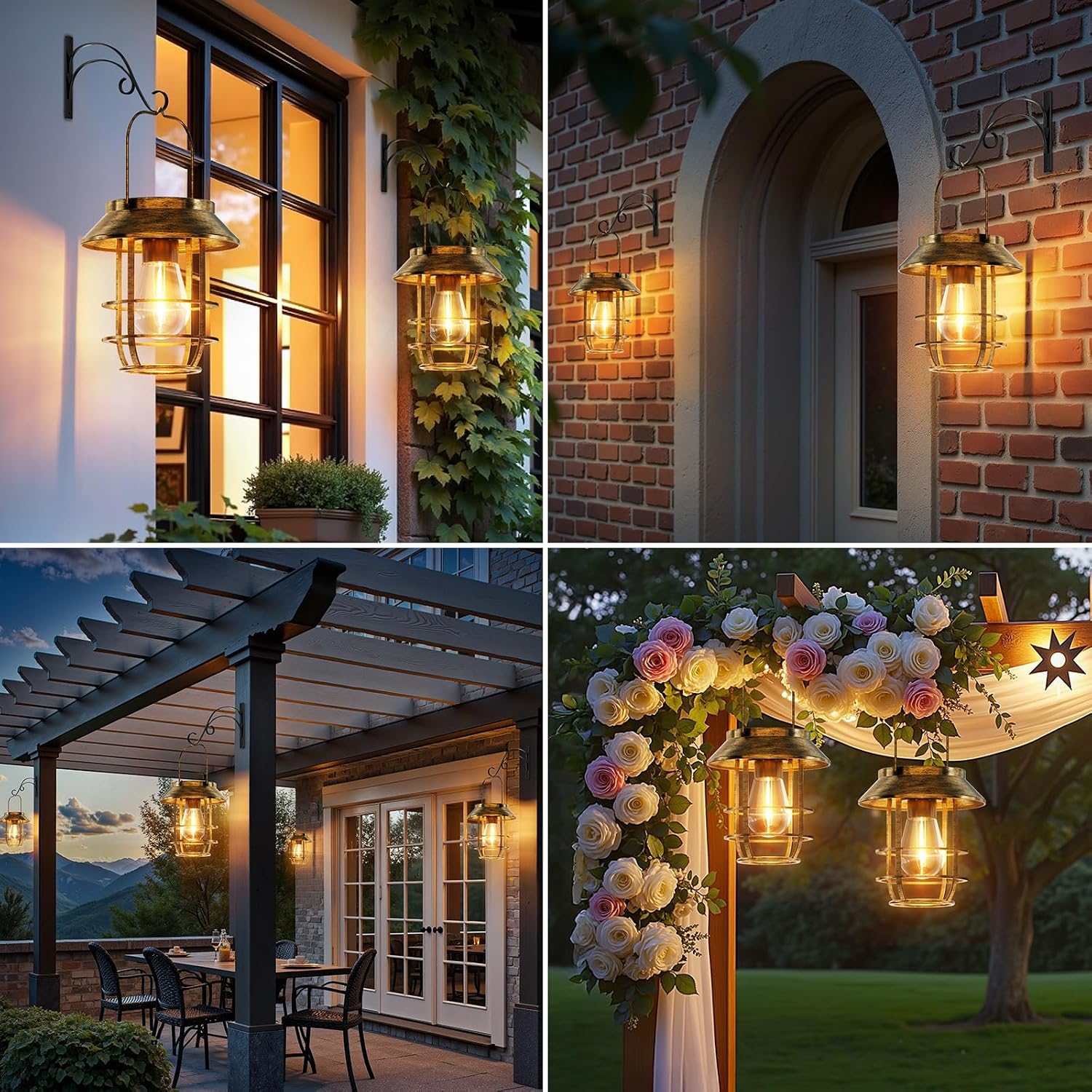 2 Pack Solar Lanterns Outdoor Waterproof, Retro Metal Hanging Lantern