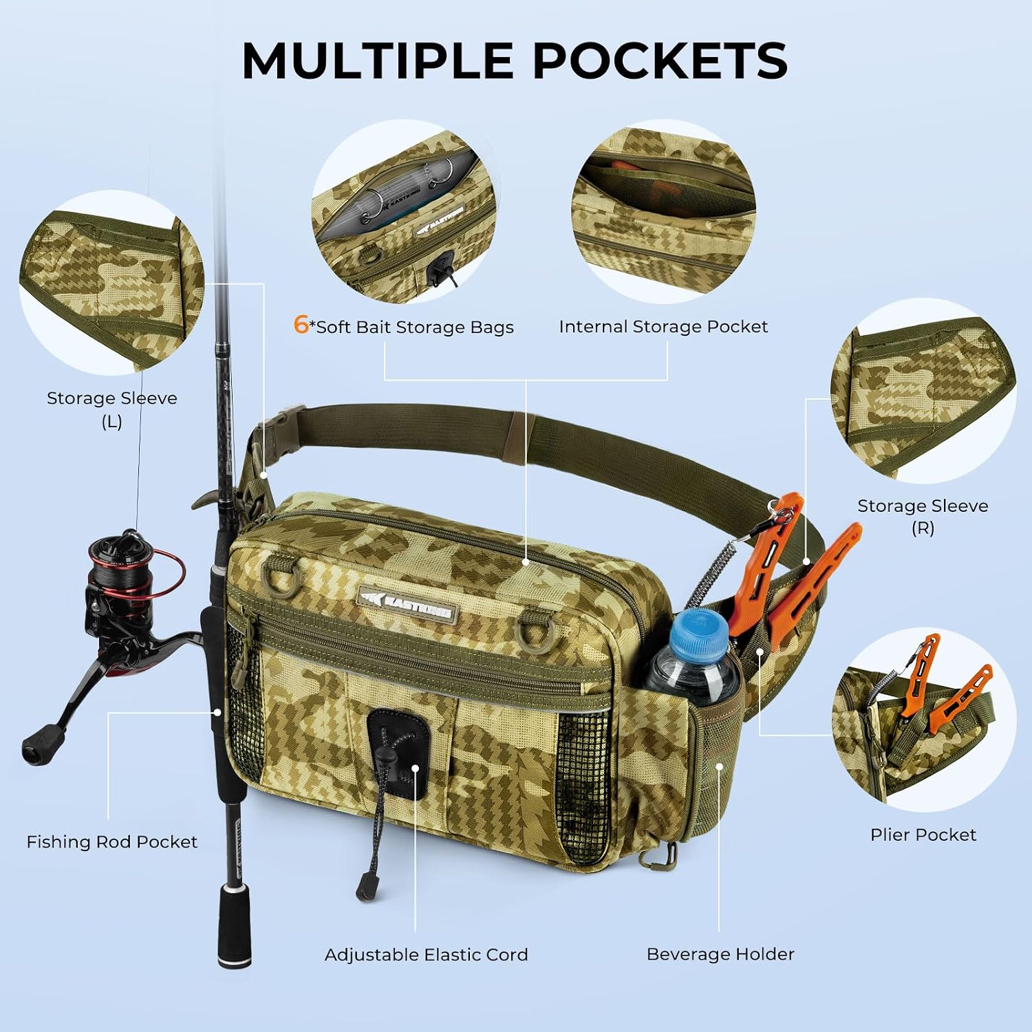 KastKing BaitSpace Waist Bag, Fishing Fanny Pack with Rod Holder