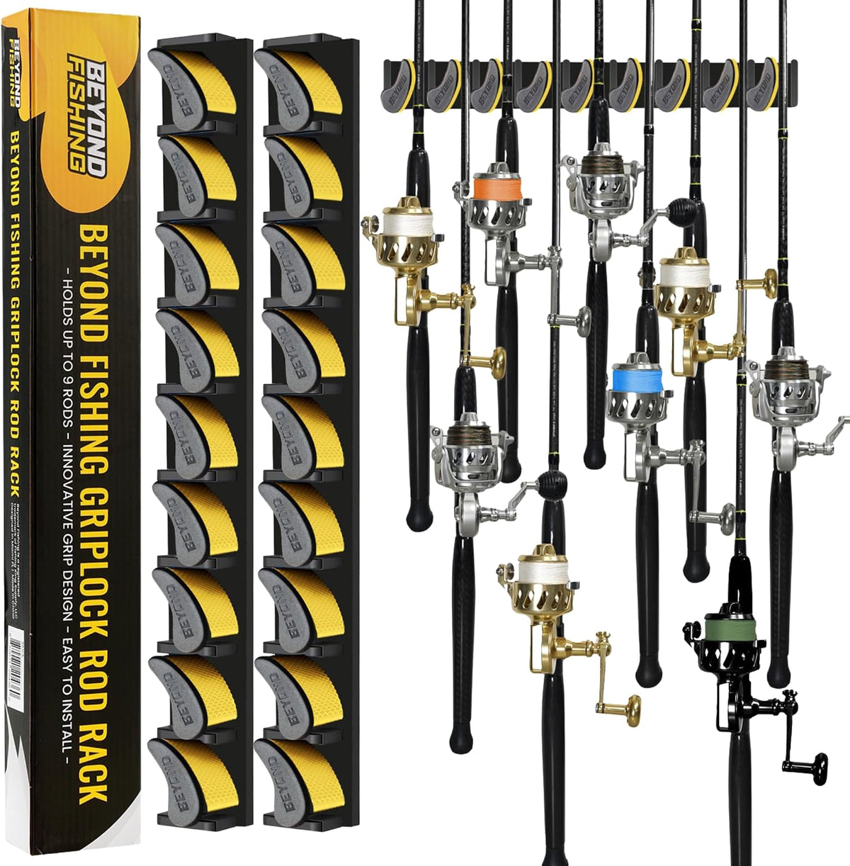 Beyond Fishing GripLock Vertical Fishing Rod Rack – Wall-Mounted Fishing Rod Holder for Garage – Stores Up to 9 Rods or Combos –Space-Saving Durable Fishing Rod Holders for Serious Anglers