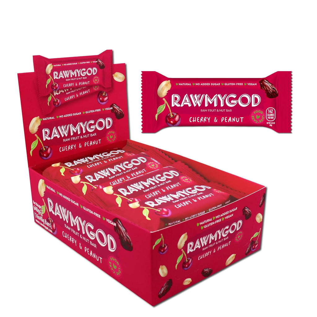 RAWMYGOD Fruit and Nut Bars, Gluten Free, Vegan, No Added Sugar (16 bars, Cherry & Peanut)