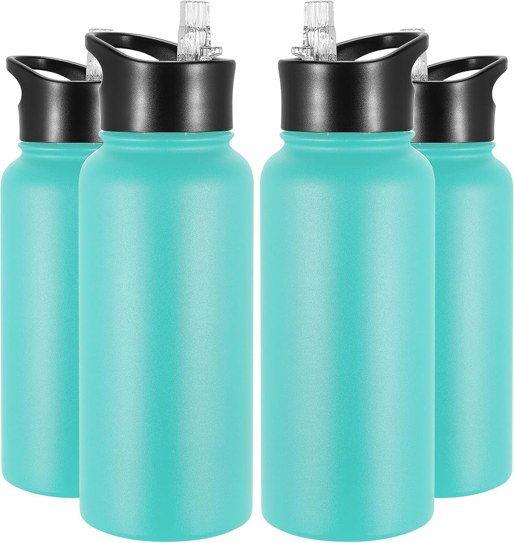 VEGOND 32 oz Insulated Water Bottle Bulk Stainless Steel Metal Water Bottles with Leak Proof Straw Lid & Spout Lid, Wide Mouth Double Walled Vacuum Travel Sports Bottle, 4 Pack