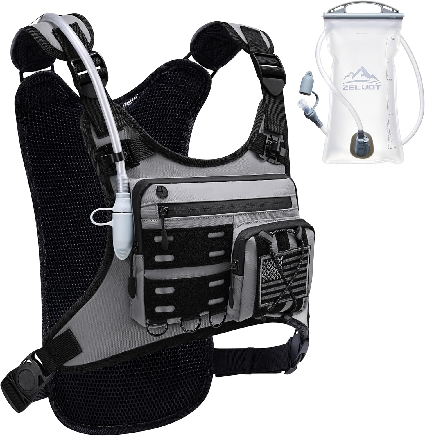 Zelvot Running Vest with 2L Water Bladder, Hydration Backpack, U.S. Design Patent, Lightweight Hydration Pack with Gear Holder, Reflective Chest Pack for Men Women