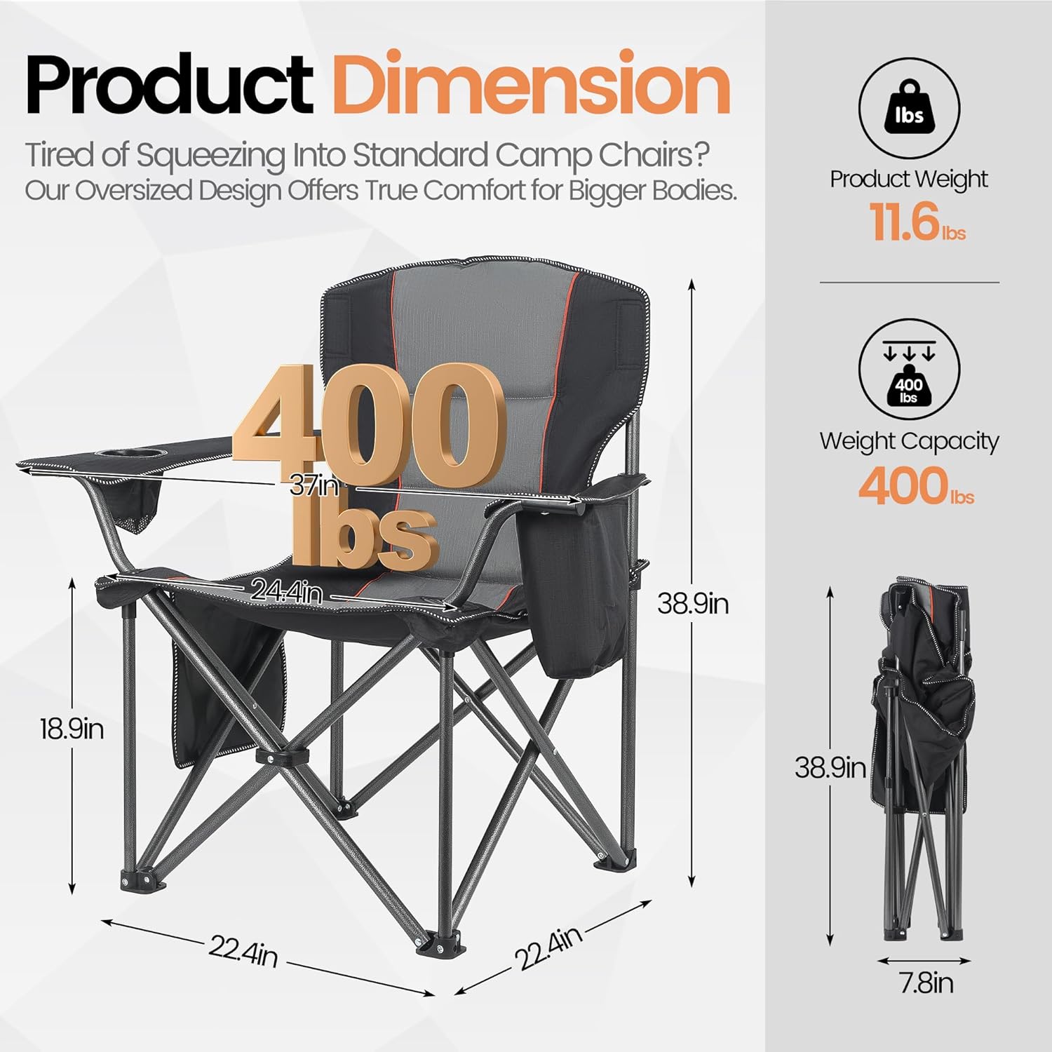 WEIDIORME 2 Pack Heavy Duty Oversized Camping Chair for Adults 400lbs w/Lumbar Support - Folding Chairs with Side Pocket, Cup Holder & Cooler Bag for Beach, Fishing, Lawn, Backyard Black