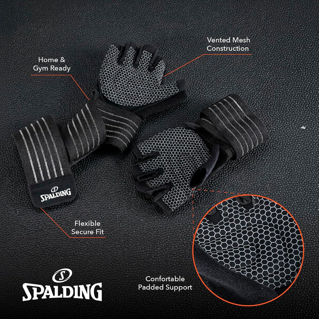 Spalding - Gym Gloves, Workout Gloves with Foam Padded Palm for Grip, Lightweight Breathable, One Size Fitness Training Gloves for Weightlifting Exercise (Black)