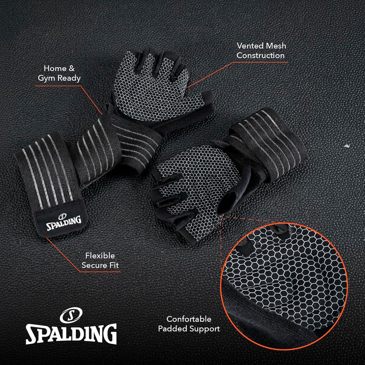 Spalding - Gym Gloves, Workout Gloves with Foam Padded Palm for Grip, Lightweight Breathable, One Size Fitness Training Gloves for Weightlifting Exercise (Black)