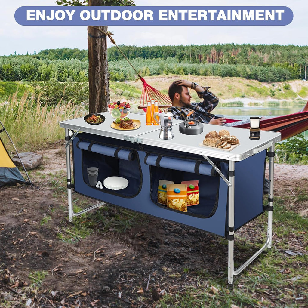 Outdoor Folding Camping Table with Storage Organizer(Blue)
