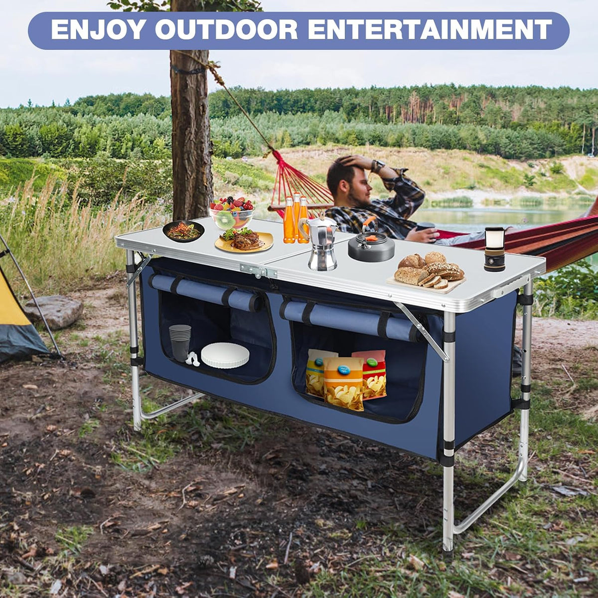Outdoor Folding Camping Table with Storage Organizer(Blue)
