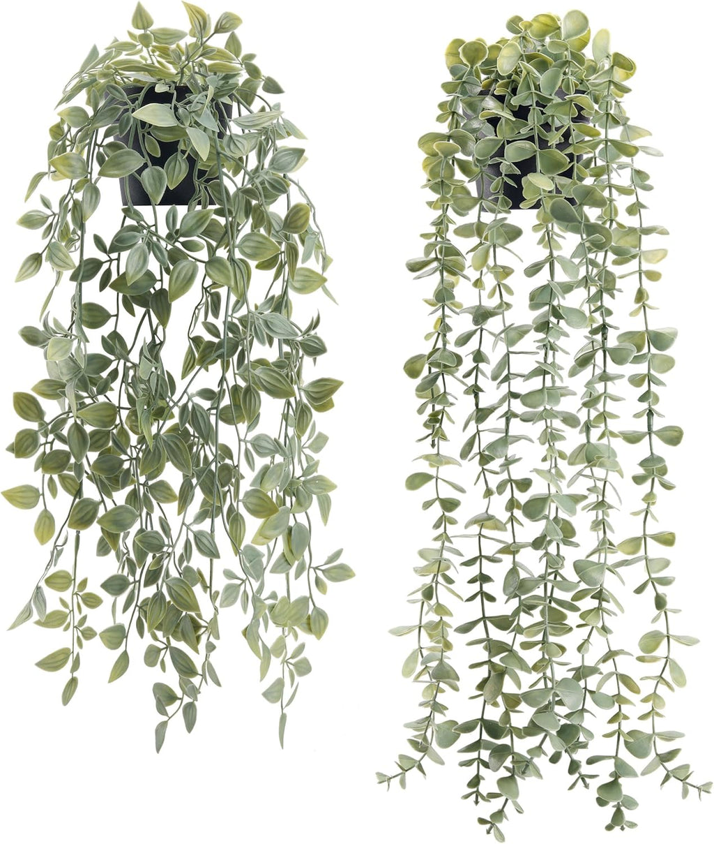 Der Rose 2Pcs Fake Hanging Plants with Black Pot for Bathroom Shelf Decor | Boho cascading eucalyptus and mandala vine creates a modern natural accent, adding depth to office, bookcase, bedroom decor