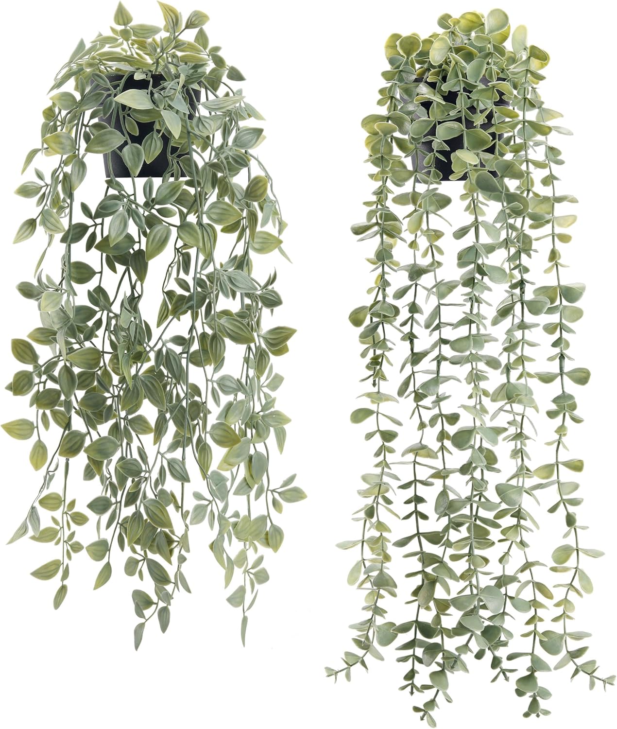 Der Rose 2Pcs Fake Hanging Plants with Black Pot for Bathroom Shelf Decor | Boho cascading eucalyptus and mandala vine creates a modern natural accent, adding depth to office, bookcase, bedroom decor