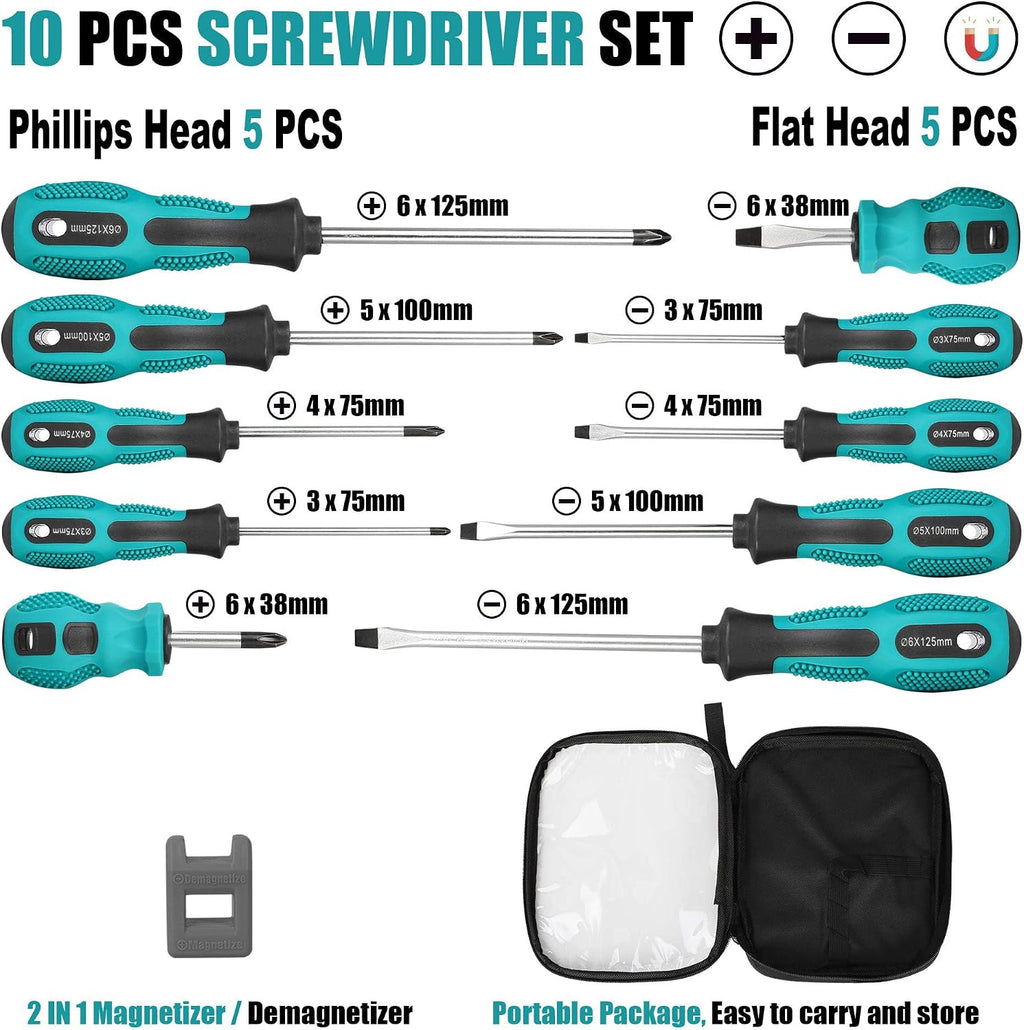 Magnetic Screwdriver Set 10 PCS,5 Phillips and 5 Flat Head Precision Screwdriver,Professional Cushion Grip and Non-Slip for Repair Home Improvement Craft,Green