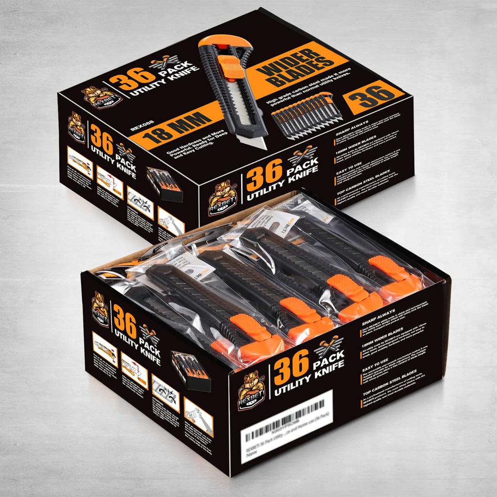 REXBETI 36-Pack Box Cutters, Retractable Utility Knife, 18mm Wide Blade