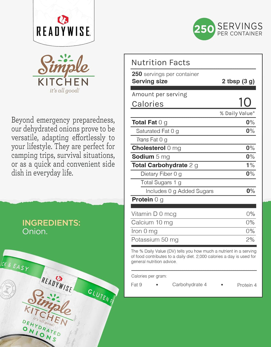 Simple Kitchen Dehydrated Chopped Onions - 250 Servings for Emergency Meal Prep, Gluten Free & Freeze Dried Survival Just Add Water Canned Food, for Camping Meals, Backpacking & Hiking, #10 Can Package