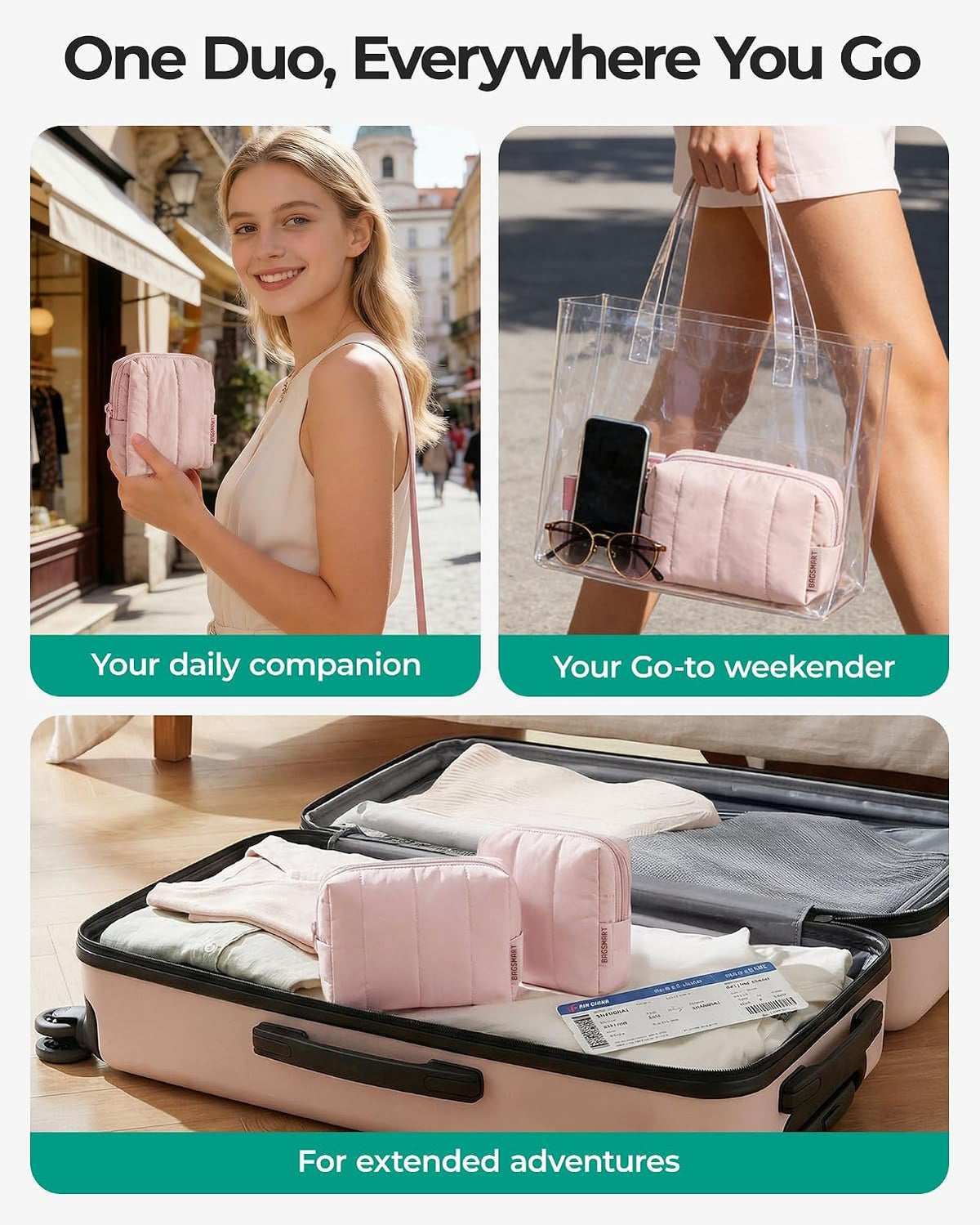 BAGSMART Puffy Travel Makeup Bag Duo Large & Small for Women, Greige