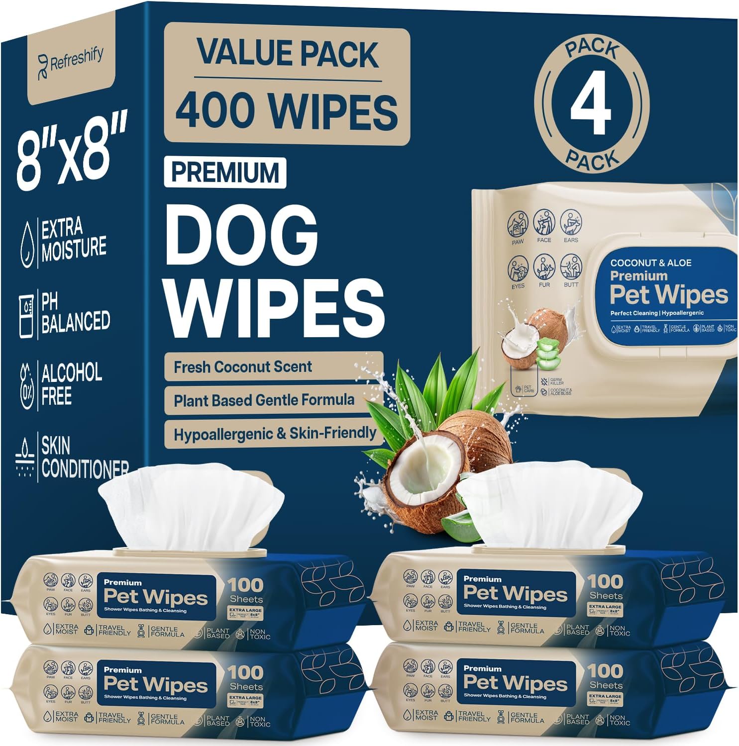REFRESHIFY Dog Wipes for Paws and Butt - Coconut Scented (Pack of 400) - Pet Wipes for Dogs and Cats - Deodorizing Non Toxic Dog Wipes, +12 Additional Travel Wipes