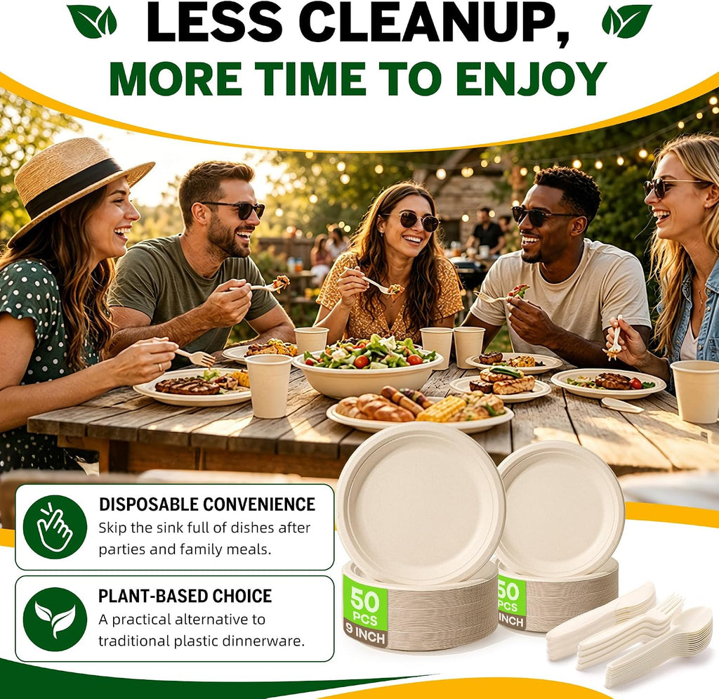 Compostable Paper Plates Set, 250PCS Disposable Heavy-Duty Sugarcane Plate