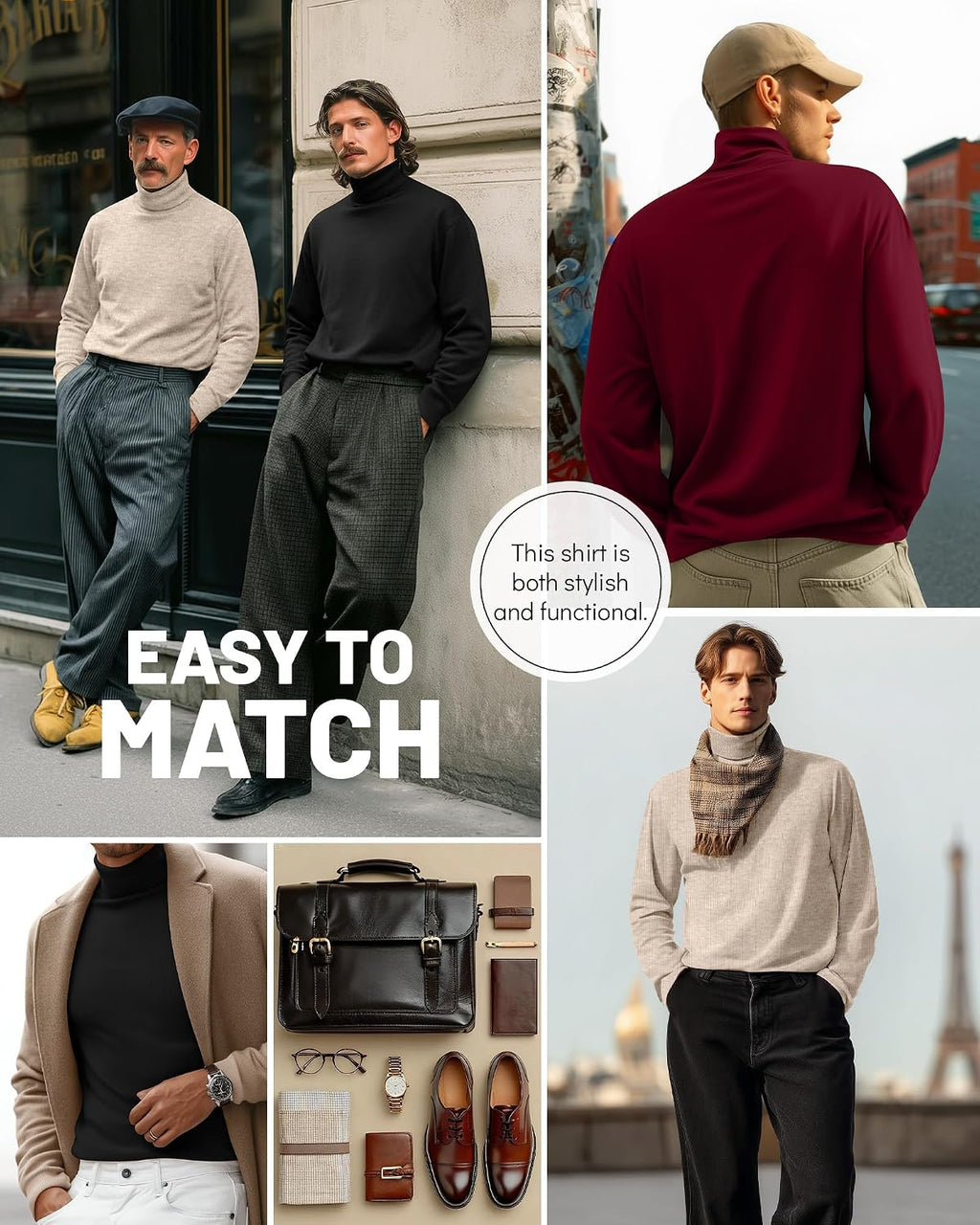 Ficerd 3 Pack Men's Big and Tall Turtleneck Shirts