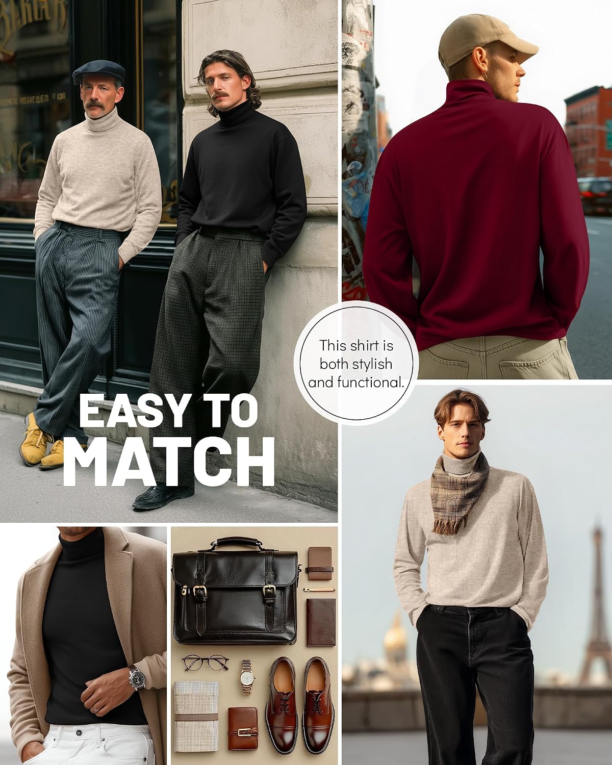 Ficerd 3 Pack Men's Big and Tall Turtleneck Shirts