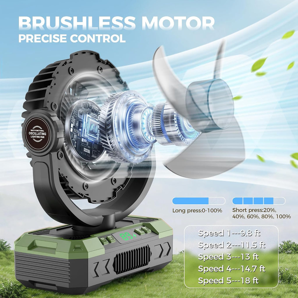 9-Inch Rechargeable Camping Fan 【Auto-Oscillating, Max 60H】20000mAh Portable Battery Powered Operated Fan,Light,Timer,Hook,Outdoor Tent Fans for Patios,Beach,Fishing,Emergency,Camping Gear Essentials