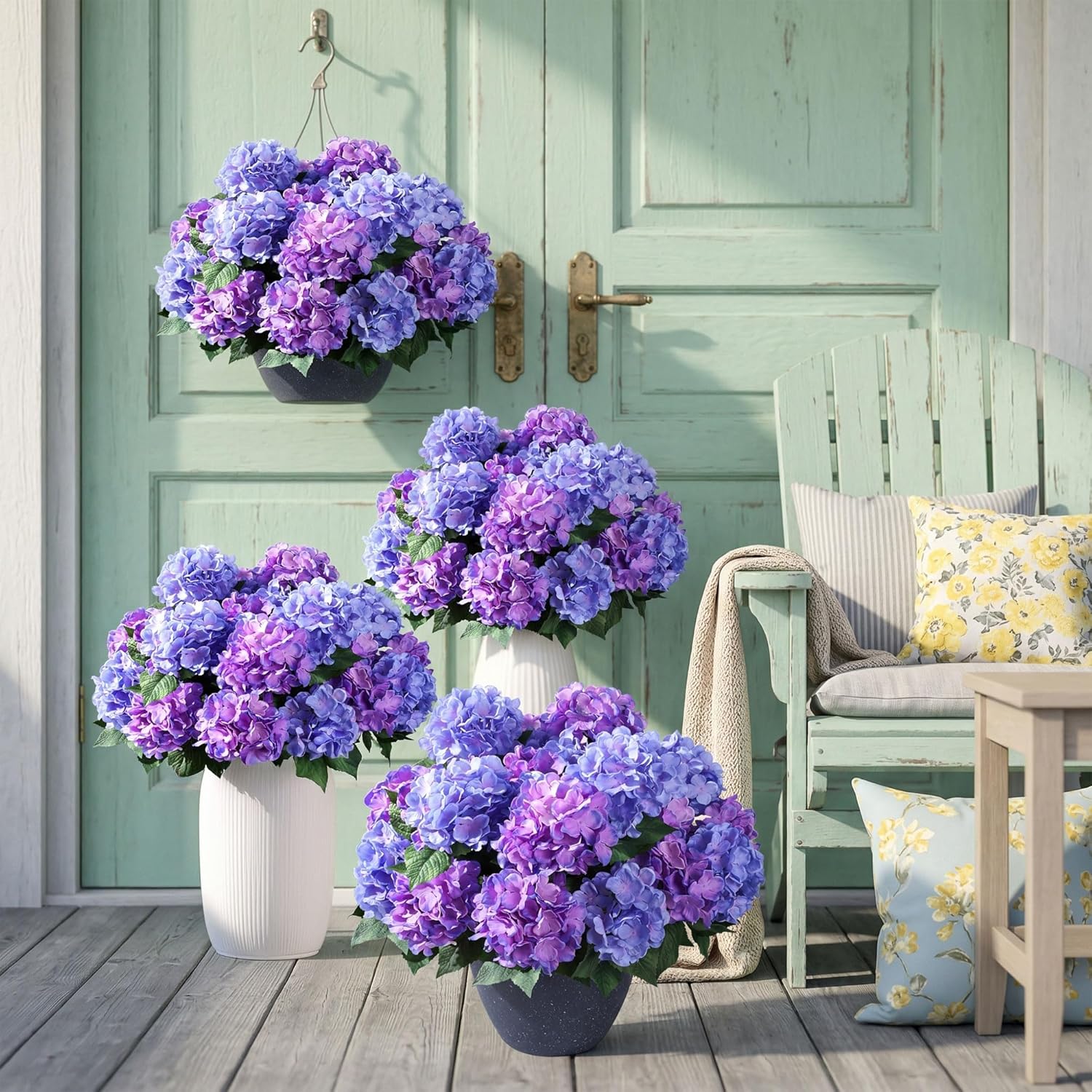 Ivydale Artificial Flowers for Outdoors, 4 PCS Purple Blue Fake Silk Hydrangea Flower Stems for Bouquets UV Resistant Realistic Faux Plants Home Outdoor Wedding Party Centerpieces Decor