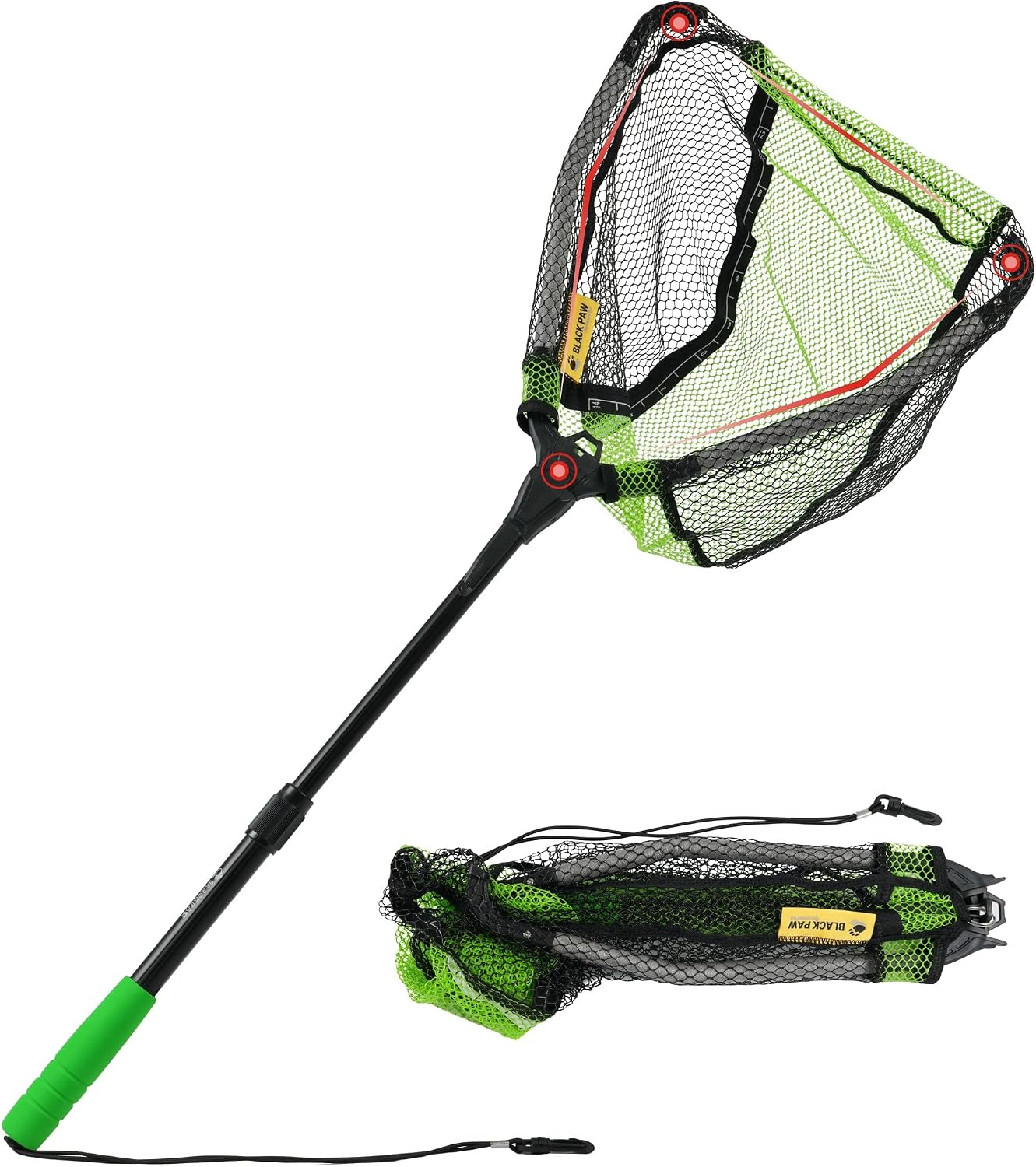 Black Paw Floating Fishing Net Foldable Telescopic Fish Landing Net with Built in Length Scale Rubber Coated for Kayak, Fly, Trout
