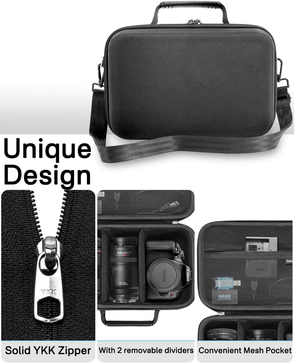 RAIACE Hard Carrying Case Compatible with Canon EOS Rebel T7/ T100/ T6/ R100/ R50/ R5/ R7/ R8, for Sony, for Nikon Camera. Large Capacity Camera Bag for Lens, Cables, Cards and Accessories. - Black
