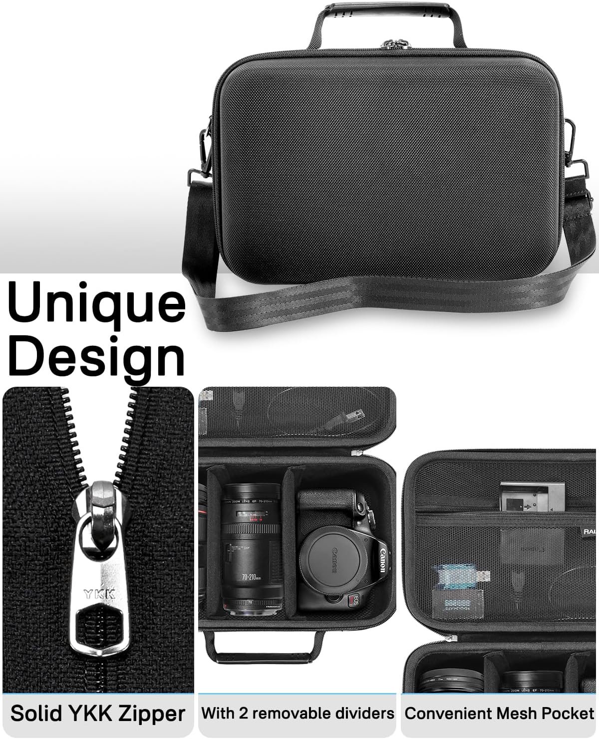 RAIACE Hard Carrying Case Compatible with Canon EOS Rebel T7/ T100/ T6/ R100/ R50/ R5/ R7/ R8, for Sony, for Nikon Camera. Large Capacity Camera Bag for Lens, Cables, Cards and Accessories. - Black