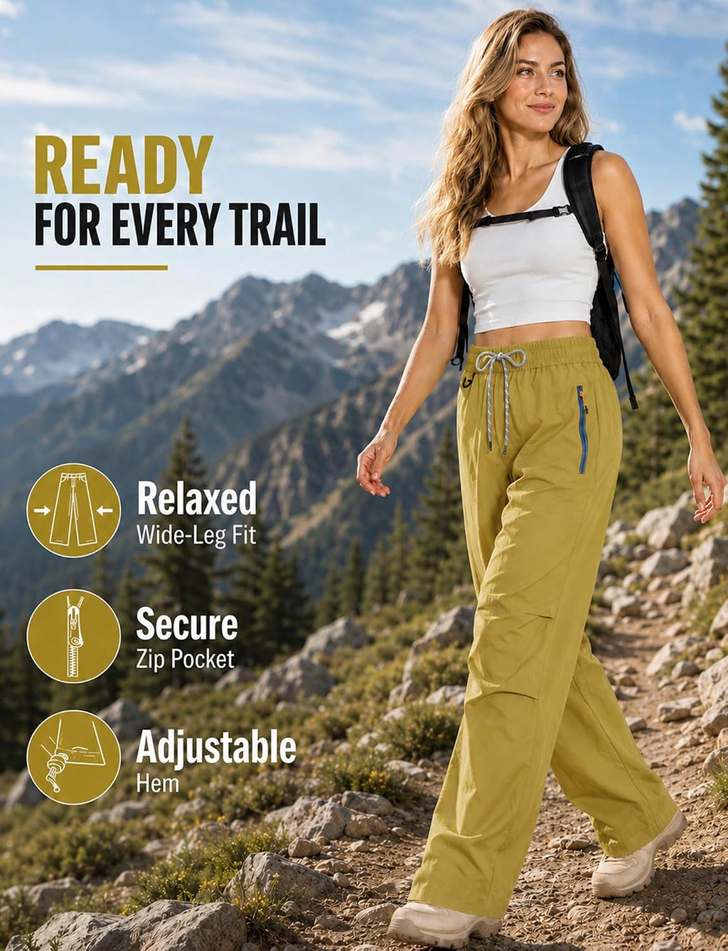 FEOYA Waterproof Pants Women Light Rain Pants Parachute Drawstring Cuffs