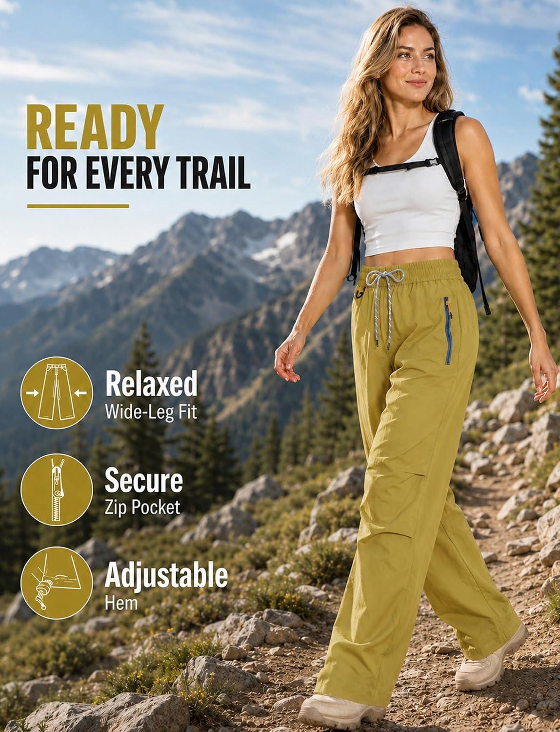 FEOYA Waterproof Pants Women Light Rain Pants Parachute Drawstring Cuffs