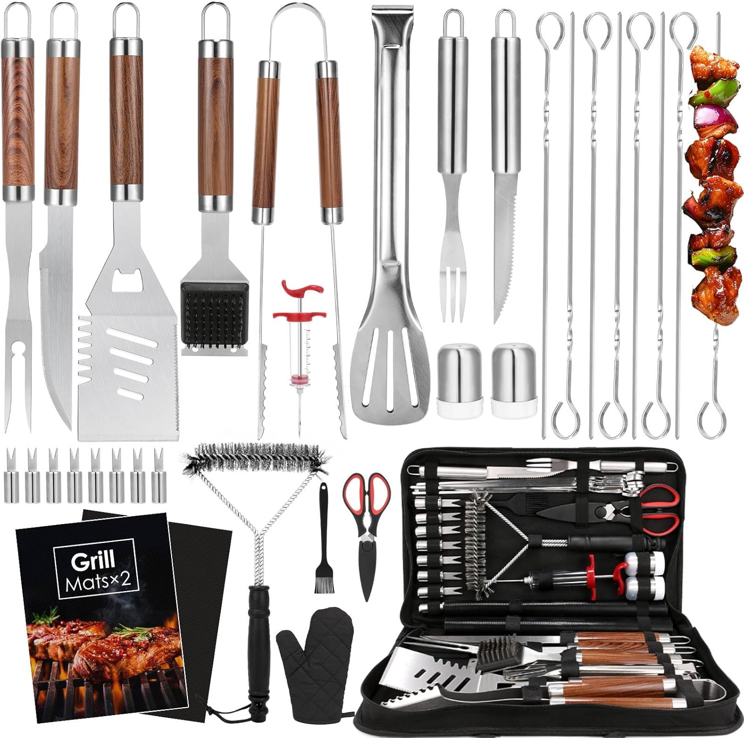 Yoehka BBQ Grilling Accessories Set, 34Pcs Heavy Duty Grill Tools, Brown | For Outdoor Camping, Grilling Gifts for Fathers Day, Men Dad, Stainless Steel Barbecue Utensils Kit, Includes Mats and Glove