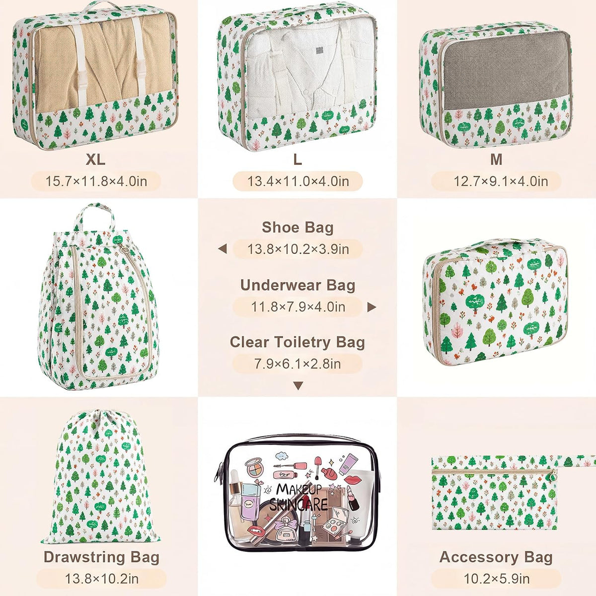 8 Set Packing Cubes for Travel, Durable Luggage Packing Organizers, Carry-On Accessories, TSA Approved See-Through Cubes, Space-Saving Storage Bags, Gifts for Women (Forest Greenery)