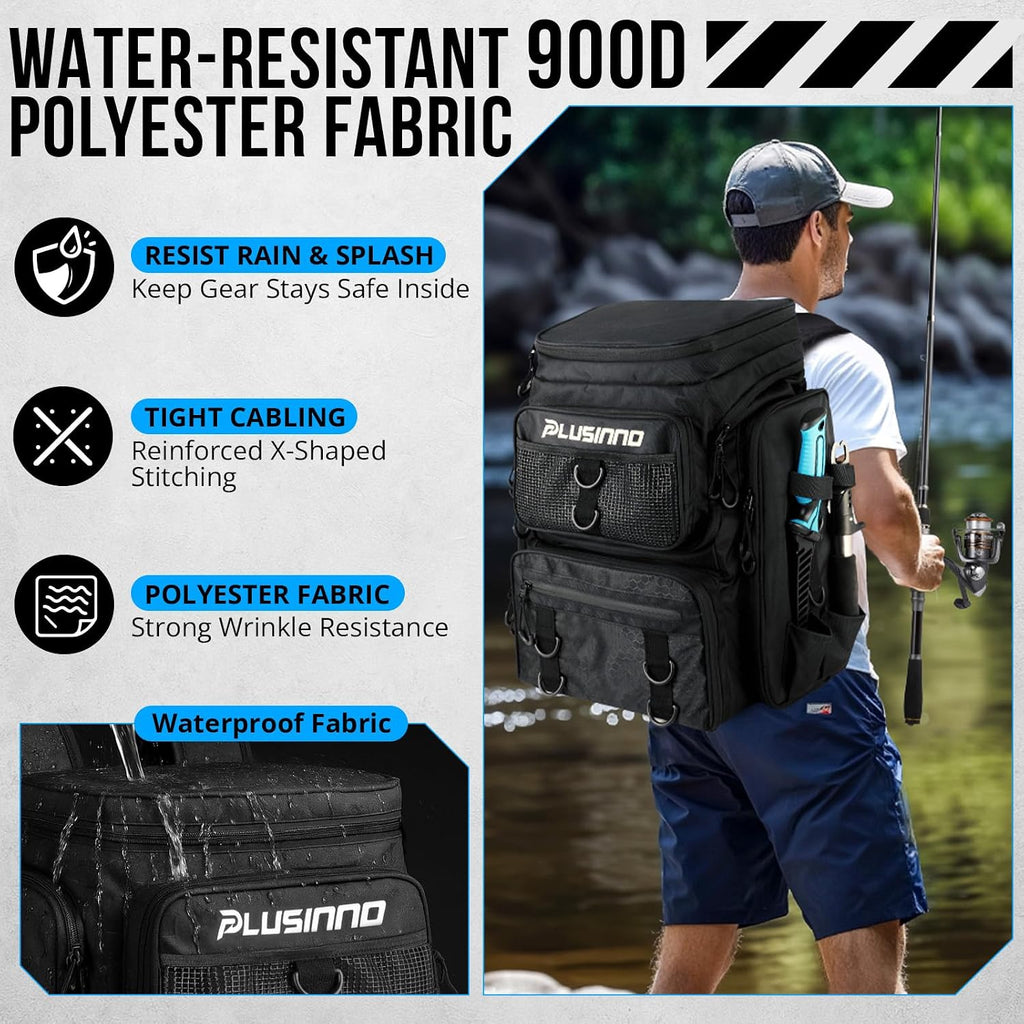 PLUSINNO Fishing Tackle Backpack with Rod Holders，42L Water-resistant Fishing Bag Store Fishing Gear,Fish Gifts For Men.