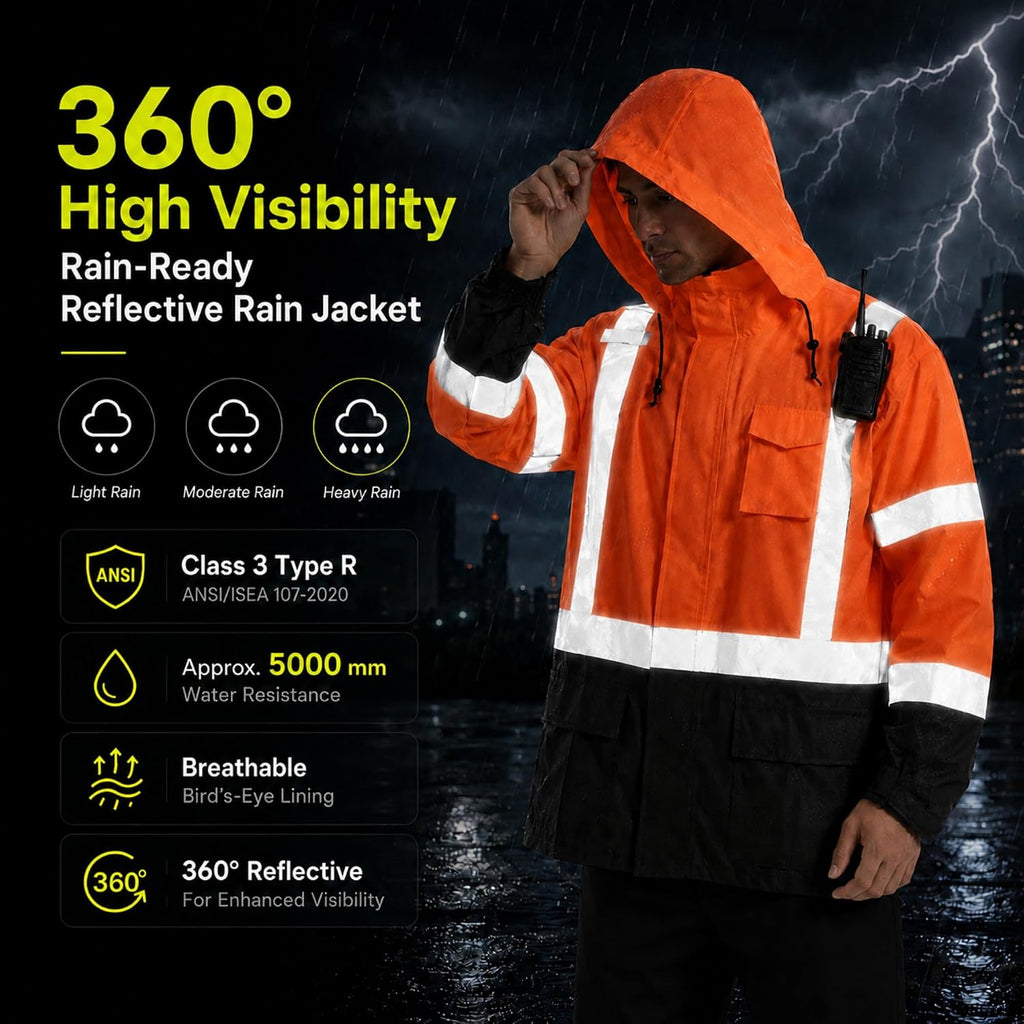 SKSAFETY Hi Vis Safety Rain Jacket for Men, Construction Work Rain Gear Heavy Duty Class 3 Rain Coat Waterproof Lightweight