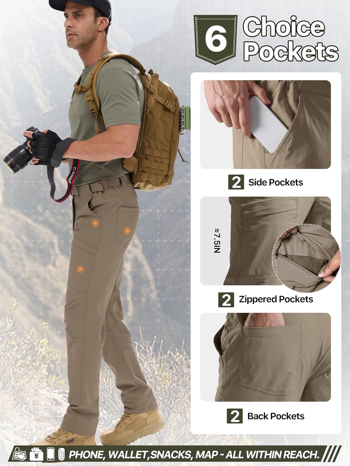 FREE SOLDIER Men's Outdoor Cargo Hiking Pants with Belt Lightweight Waterproof Quick Dry Tactical Pants Nylon Spandex (Sand 36W/32L)