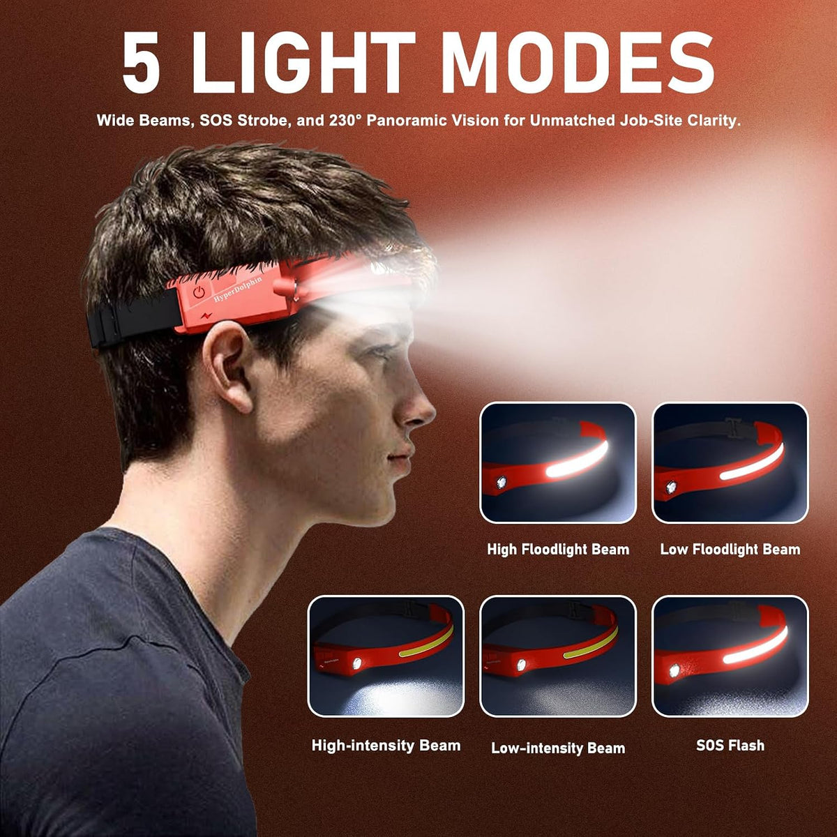 Headlamp Rechargeable LED (2-Pack, Red) 230° Wide Beam, USB-C Lightweight Head Lamp, Long Runtime, Water-Resistant for Camping, Hiking, Running, Fishing, Repair Work