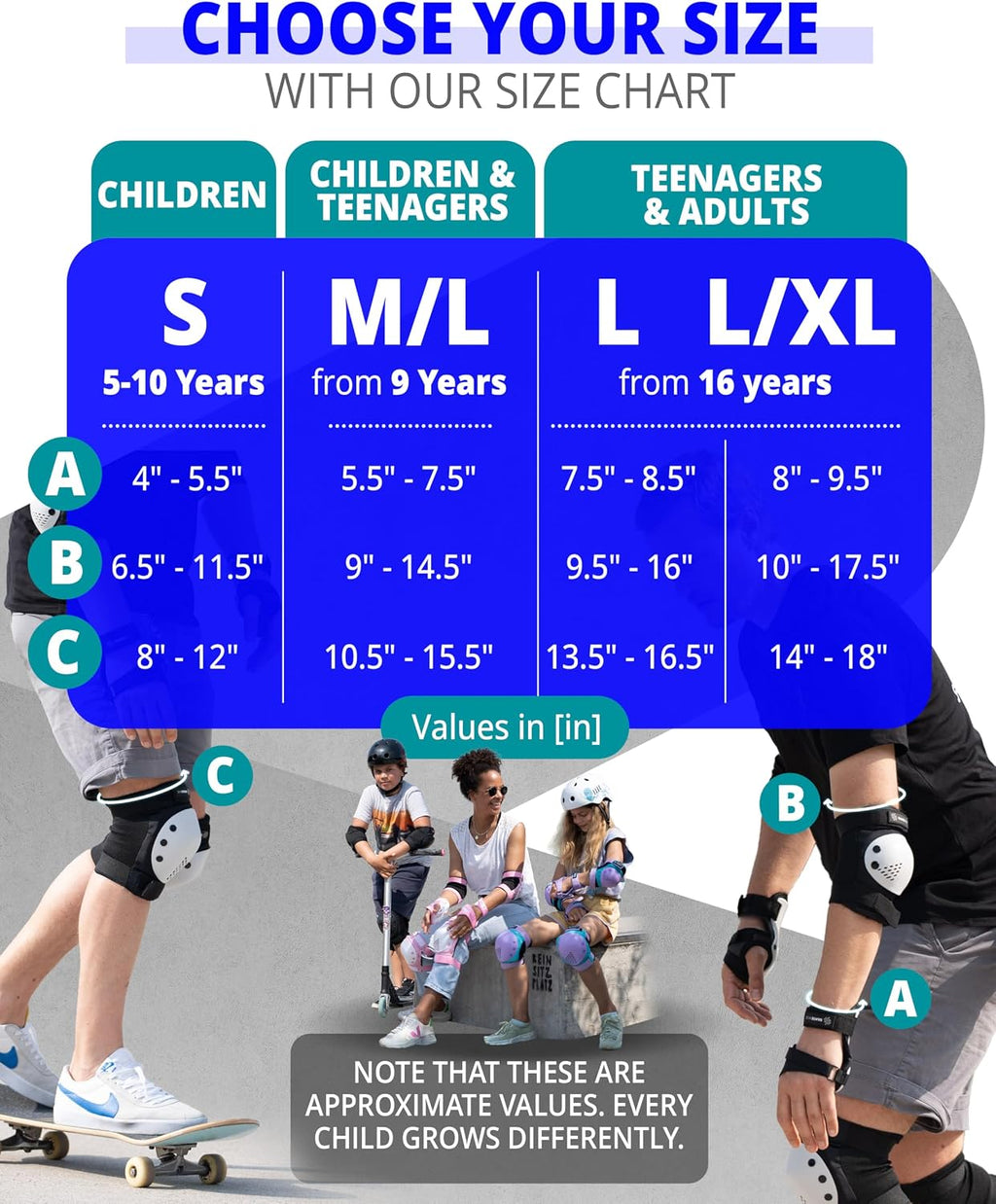 SKATEWIZ Skateboard Pads Protective Gear Set for Kids and Adults - Smash - Roller Skate Pads [6pc] with Wrist Guards - Skating Protective Gear - Roller Derby