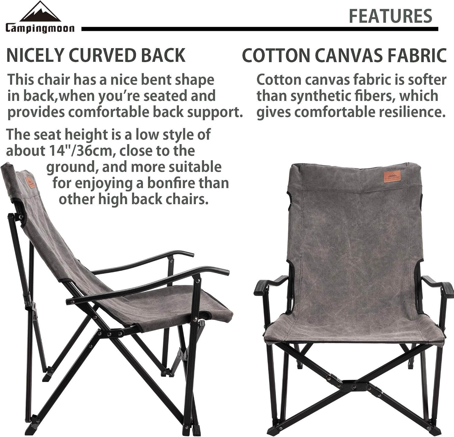 CAMPINGMOON Foldable Cotton Canvas Campfire Bonfire Open Fire Pits Camping Chair Low Style Chair Gray F-1003C-H