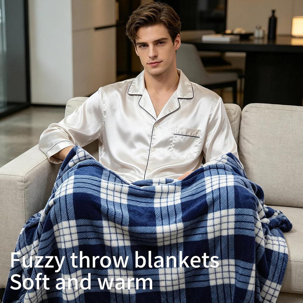 Flannel Fleece Plaid Throw Blanket with Checkerboard Grid Pattern for Bed Couch Large Soft Blanket Winter Warm Lightweight Throw(Dark Blue,50x60 Inch)
