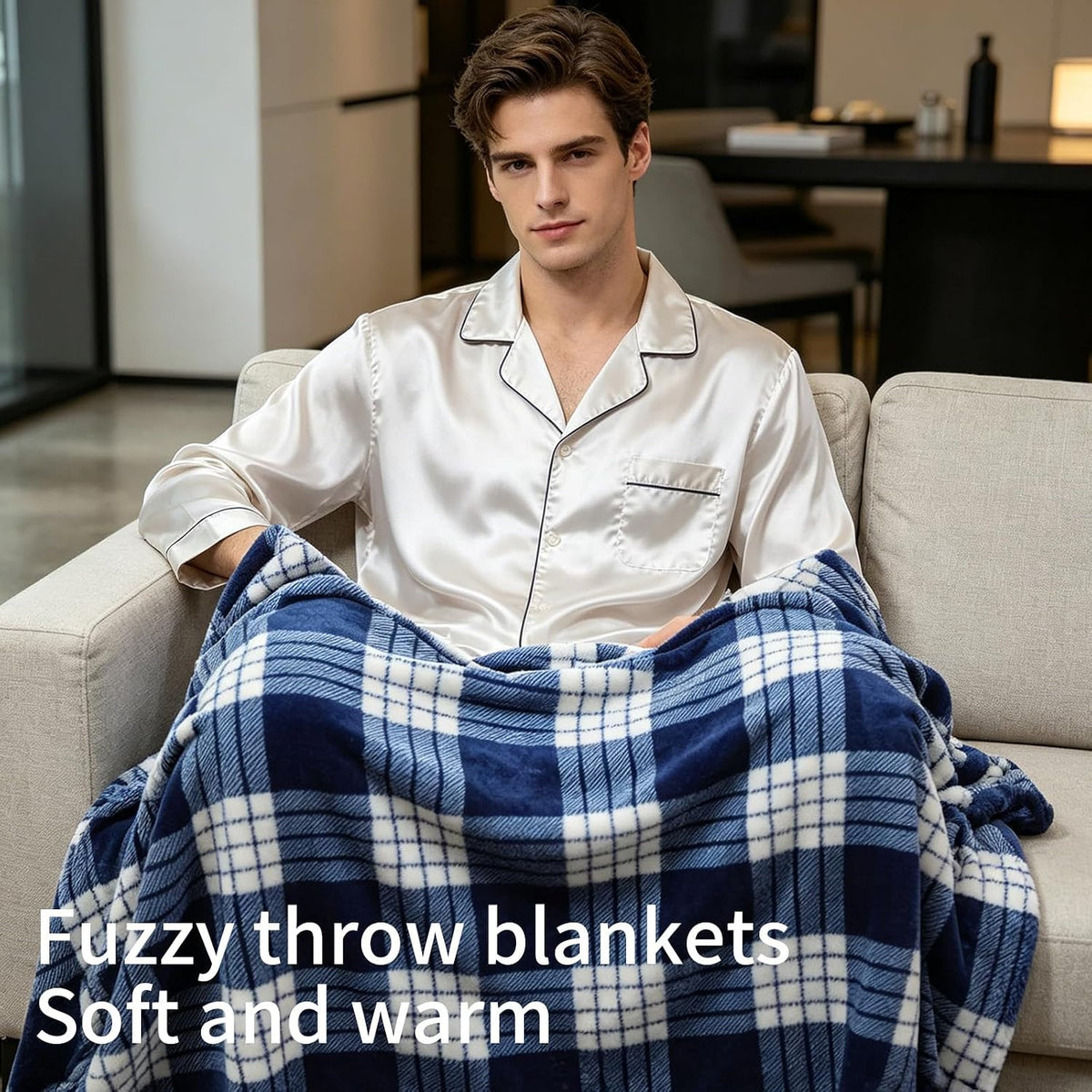 Flannel Fleece Plaid Throw Blanket with Checkerboard Grid Pattern for Bed Couch Large Soft Blanket Winter Warm Lightweight Throw(Dark Blue,50x60 Inch)