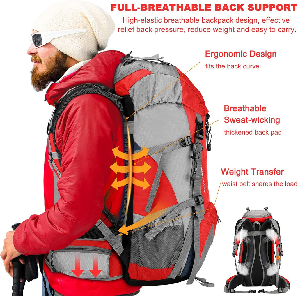 Loowoko 50L Hiking Backpack with Rain Cover for Both Men & Women | Lightweight at Just 2.8 lbs, External Extension with Compression Straps for Backpacking, Hiking, Camping, Trekking