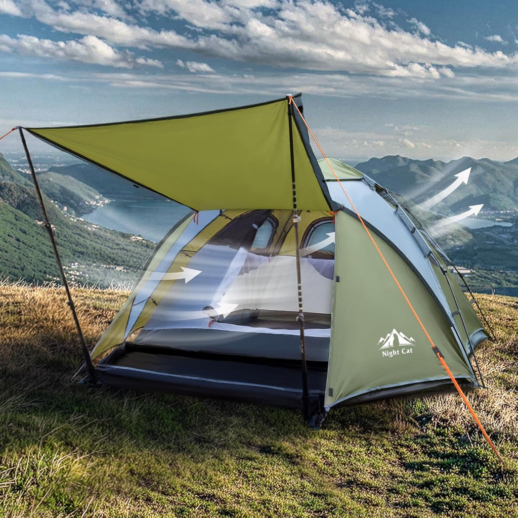 Night Cat Pop Up Tent 2-3 Persons Instant Set Up Tent with Footprint Tarp & Porch, Automatic Double Layer Waterproof Camping Tent with Rainfly