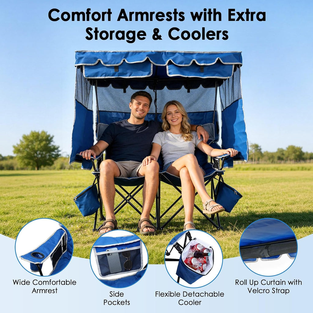 Suteck Double Camping Chair with Canopy, 660lbs Folding Loveseat with Shade